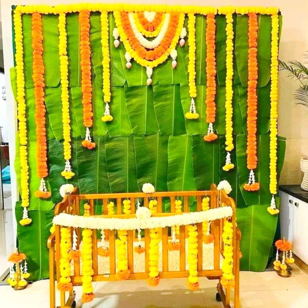 Banana Leaves & Marigold Flower Decorations For Naming Ceremony in ...