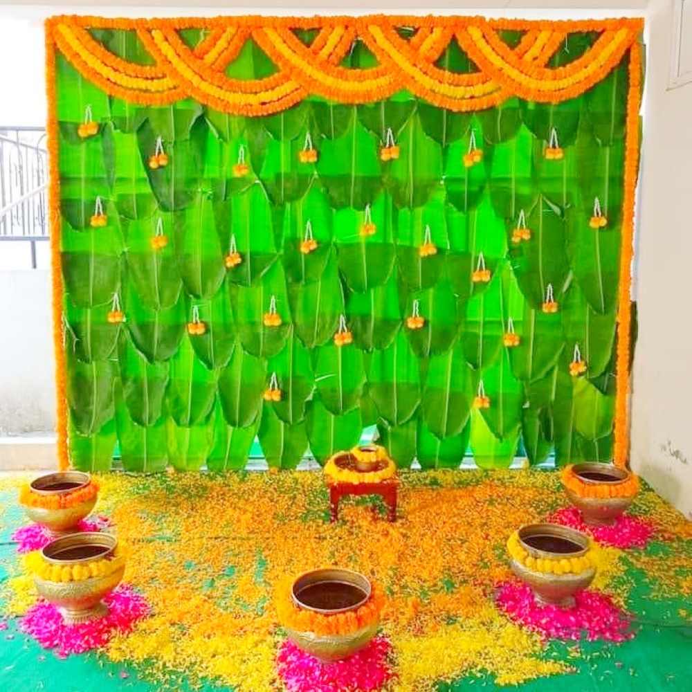 Traditional Style Banana Leaves & Flower Decoration For Baby Shower in Bangalore