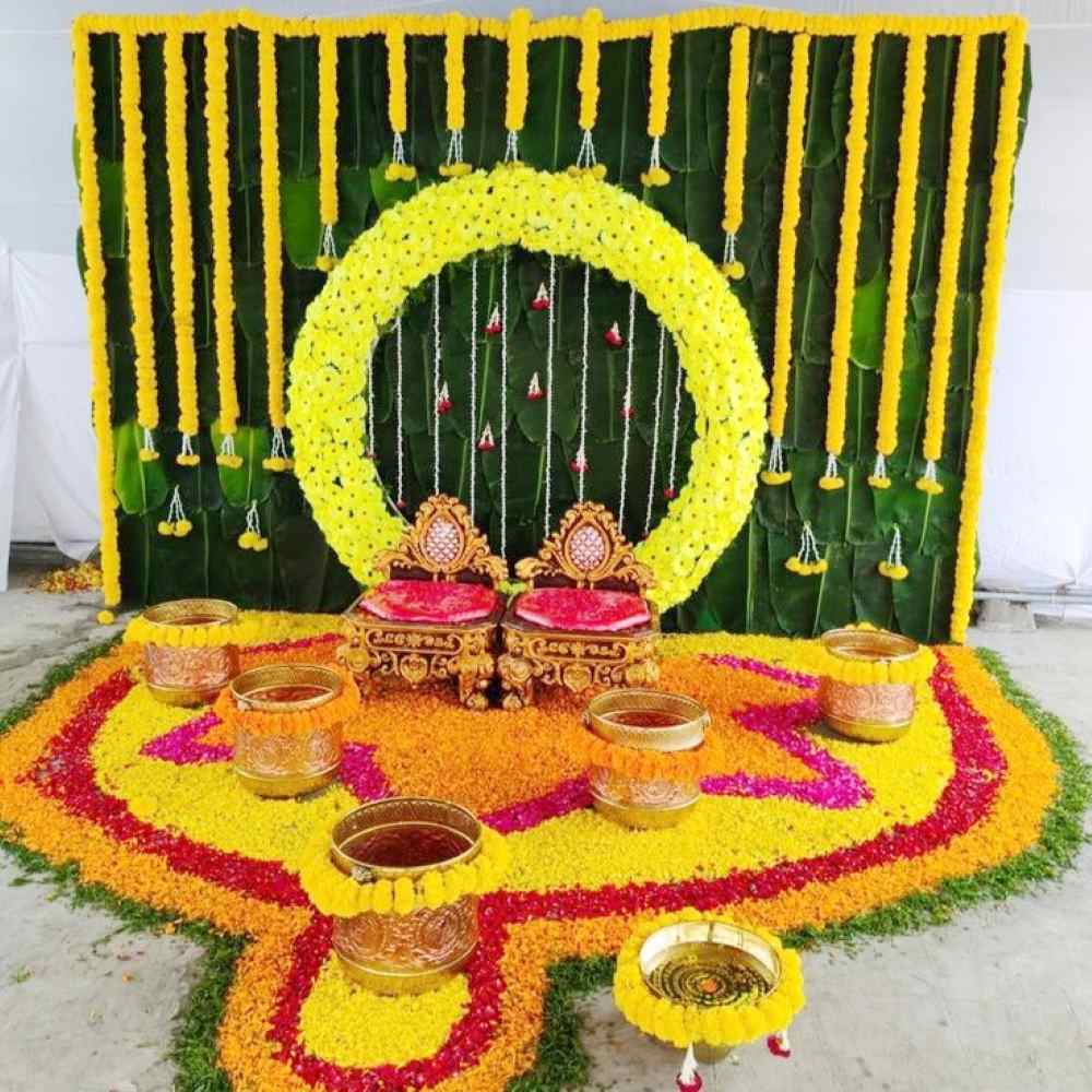 Traditional Style Banana Leaves & Flower Decorations For Haldi in ...